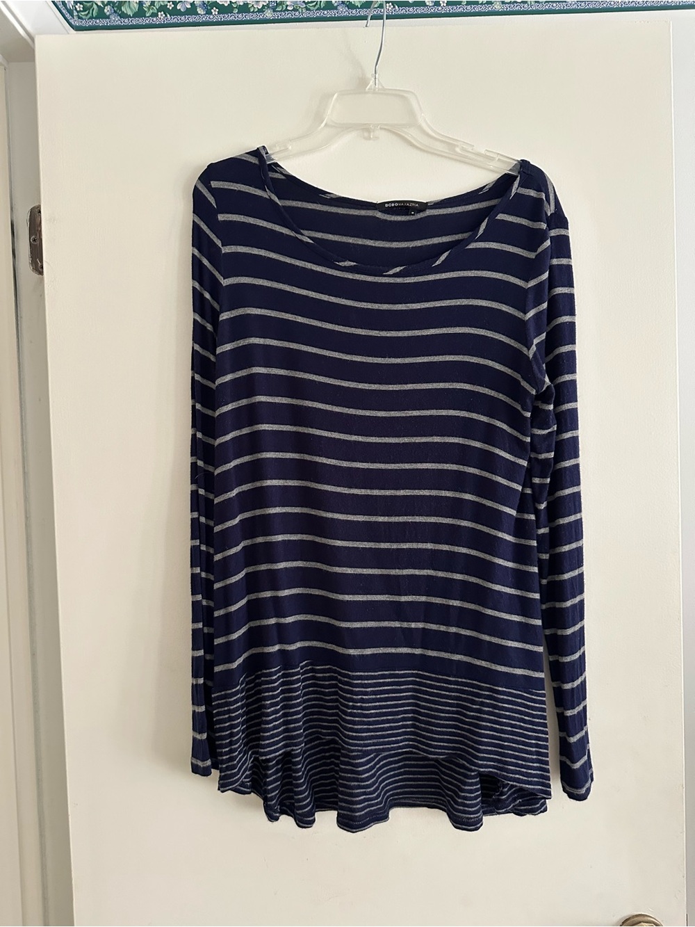 BCBGMaxAzria Navy and Gray Striped Long-Sleeve Tee